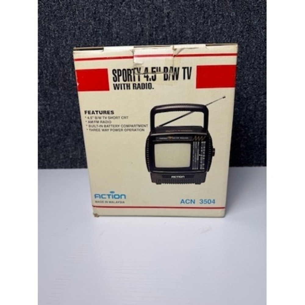 Action ACN 3504 Sporty 4.5" B/W TV AM/FM Radio Portable White NIB Tested